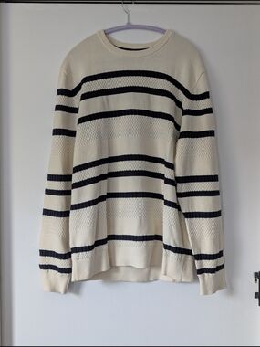 Nautica Mens XL White and Navy Blue Striped Crewneck 100% Cotton Sweater